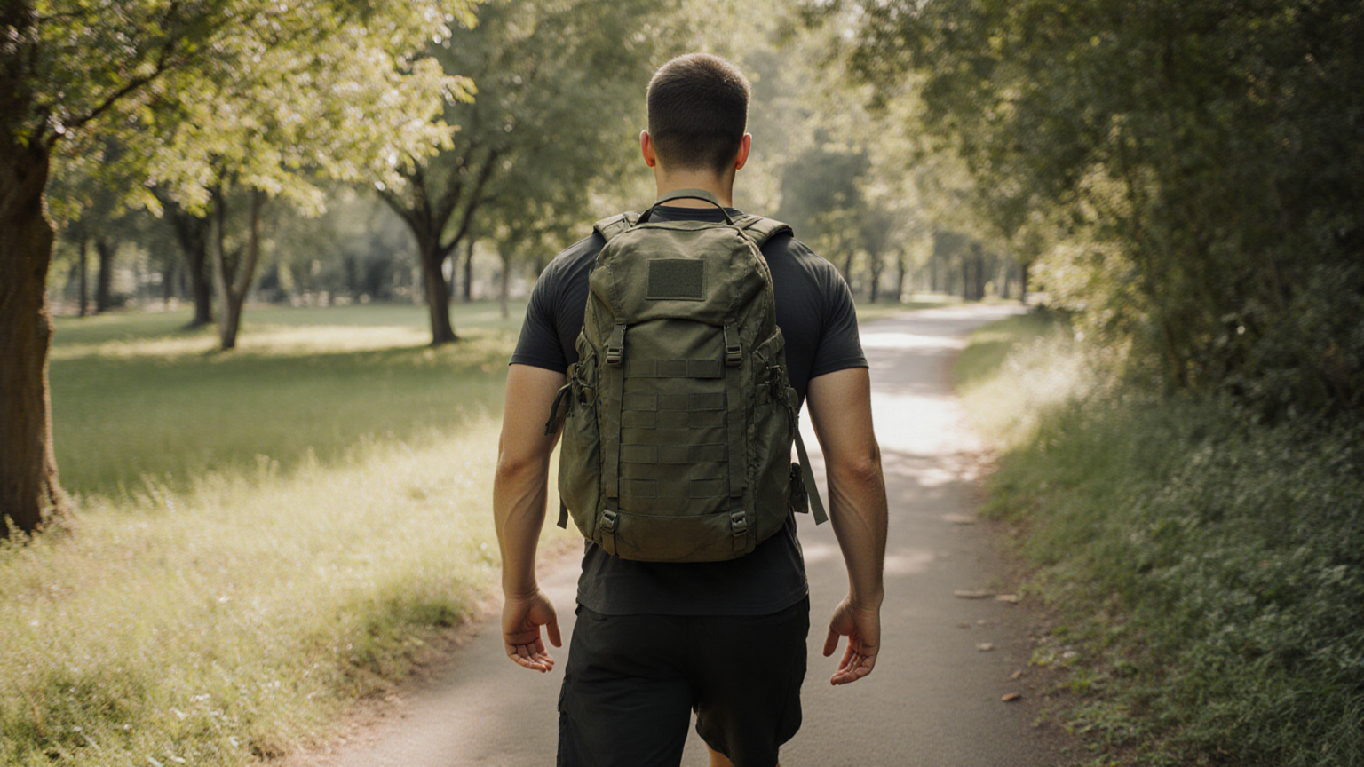 Adult walking on a shaded level trail with a fitted backpack