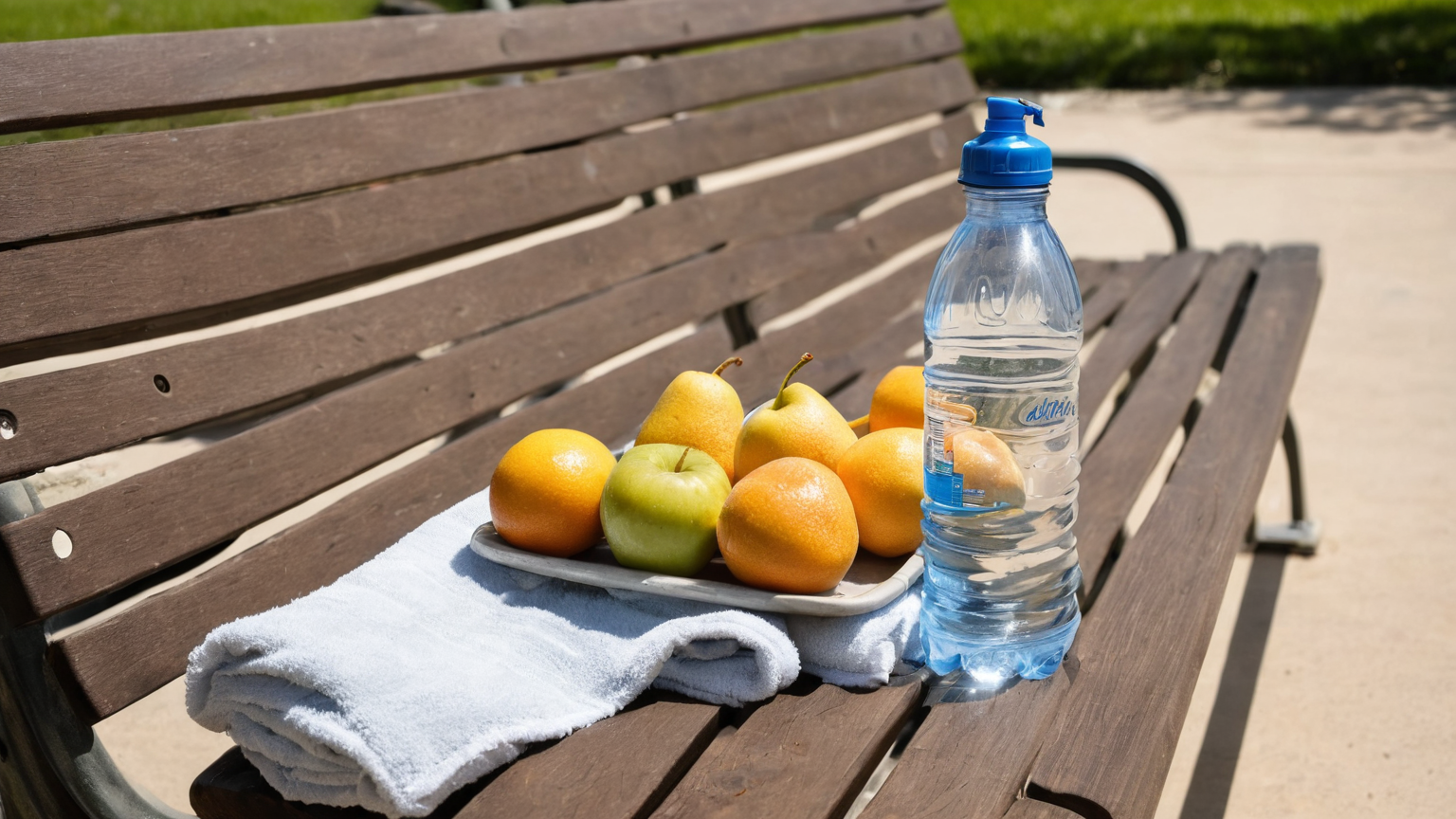 Shaded bench hydration setup for reviewing symptoms after a summer walk