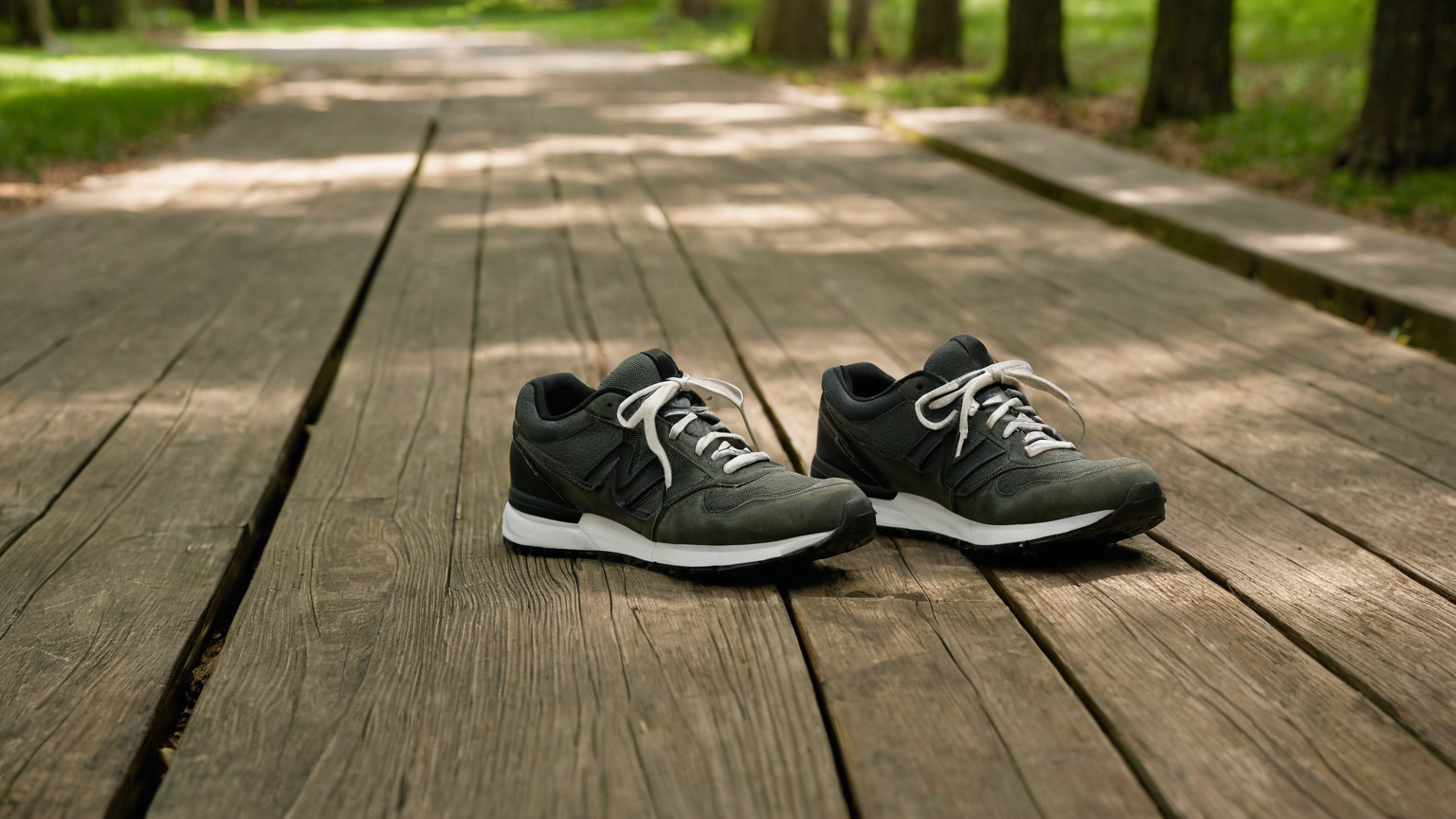 A matched pair of walking shoes on a wooden park boardwalk