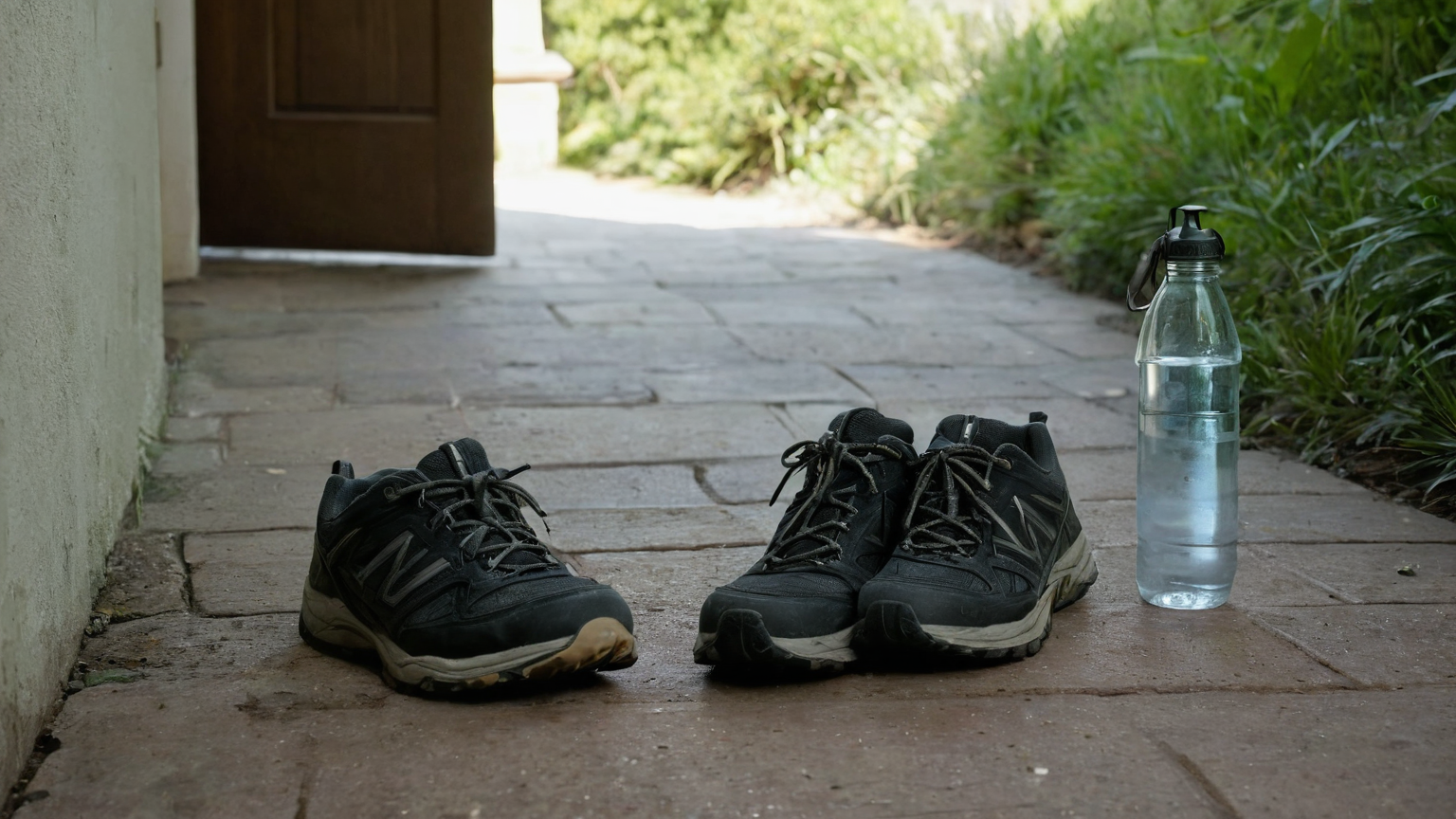 Walking shoes and a clear water bottle beside a shaded garden path