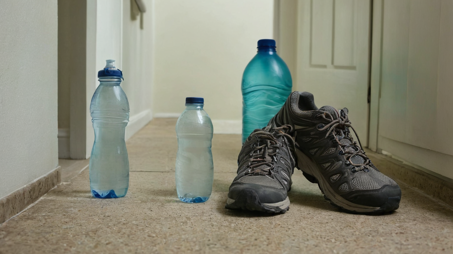 Walking shoes with plain water bottles beside an indoor hallway