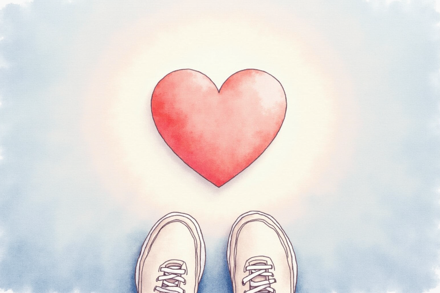 Heart with soft glowing aura beside running shoes