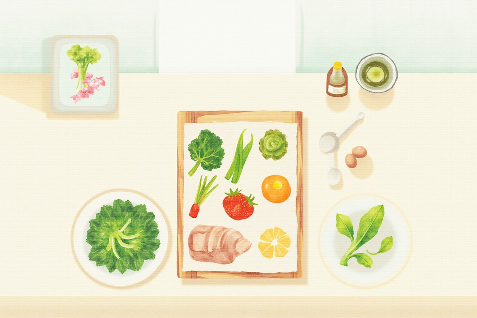 Healthy meal of vegetables and lean protein in a kitchen