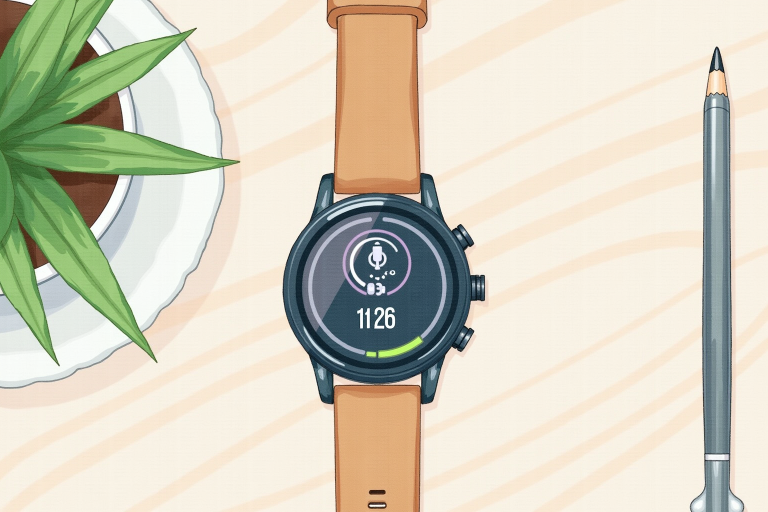 Fitness watch showing recovery metrics on a wooden desk