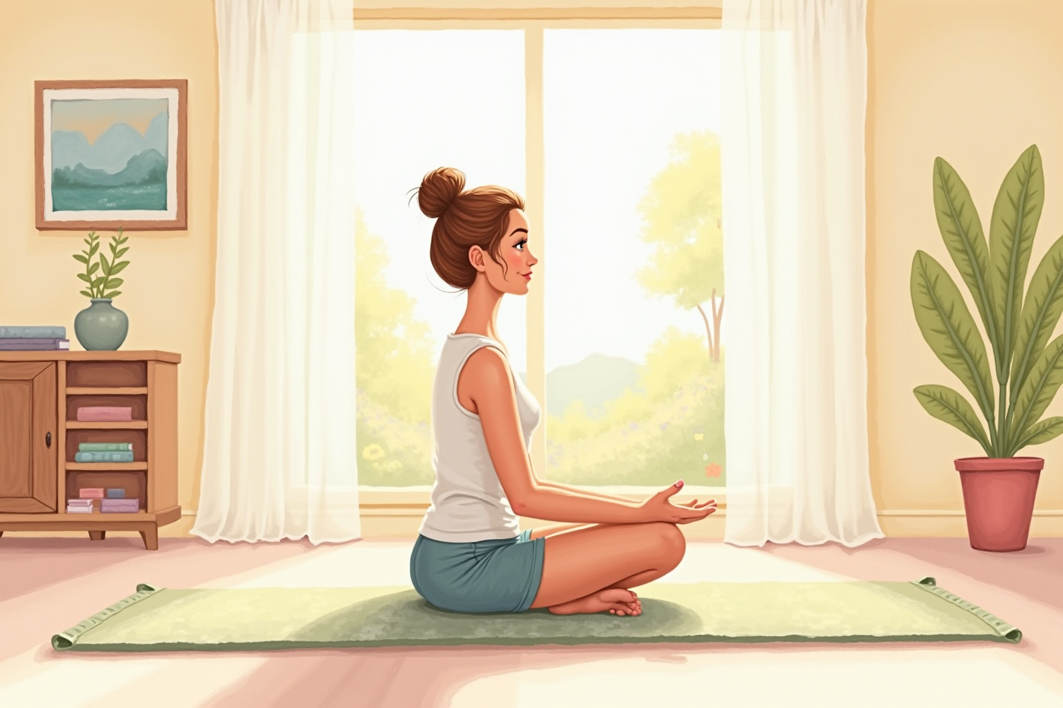 Person doing gentle yoga in a peaceful sunny home