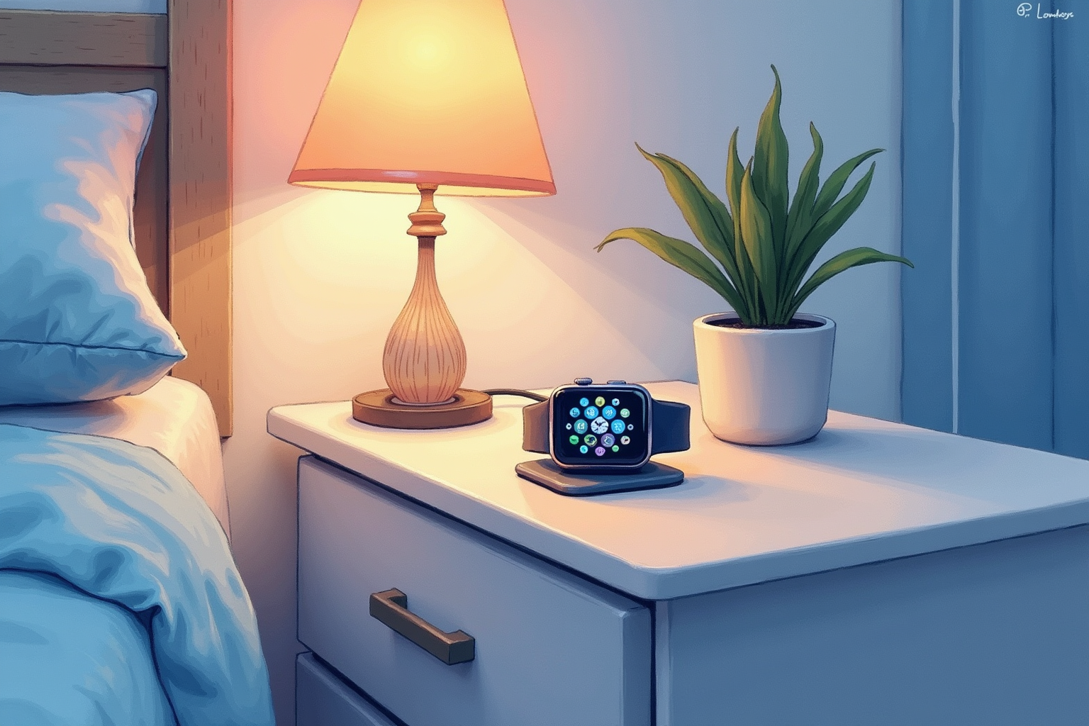 Smart watch on a charger beside a clean nightstand at night