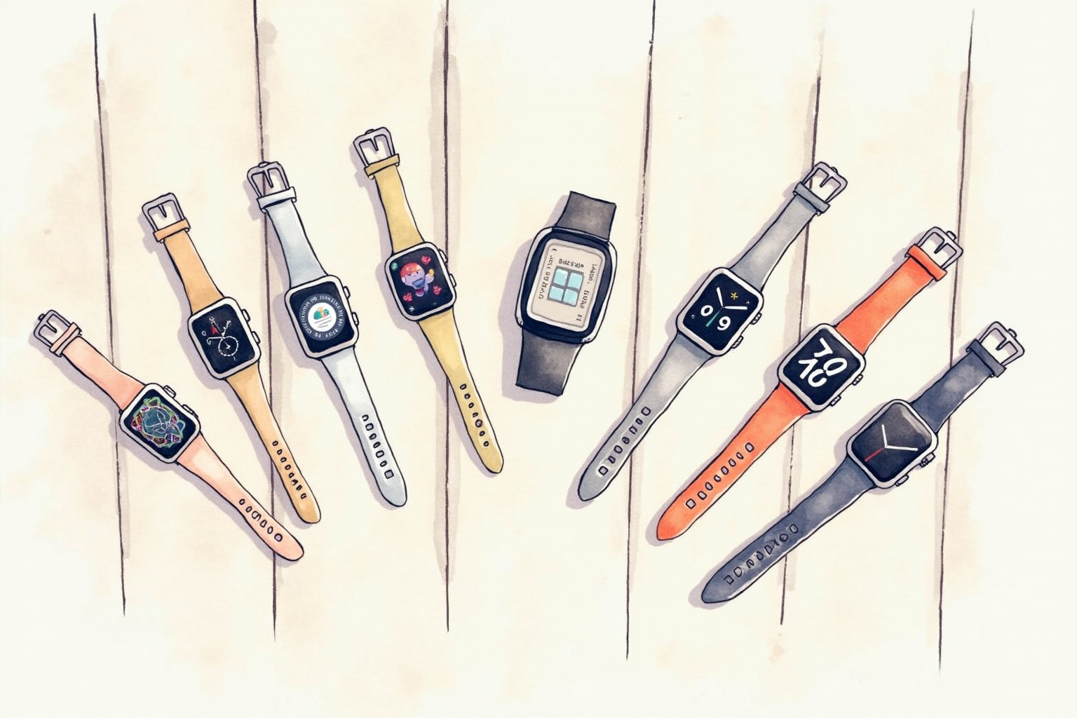Multiple smart watches and fitness trackers on a wooden desk