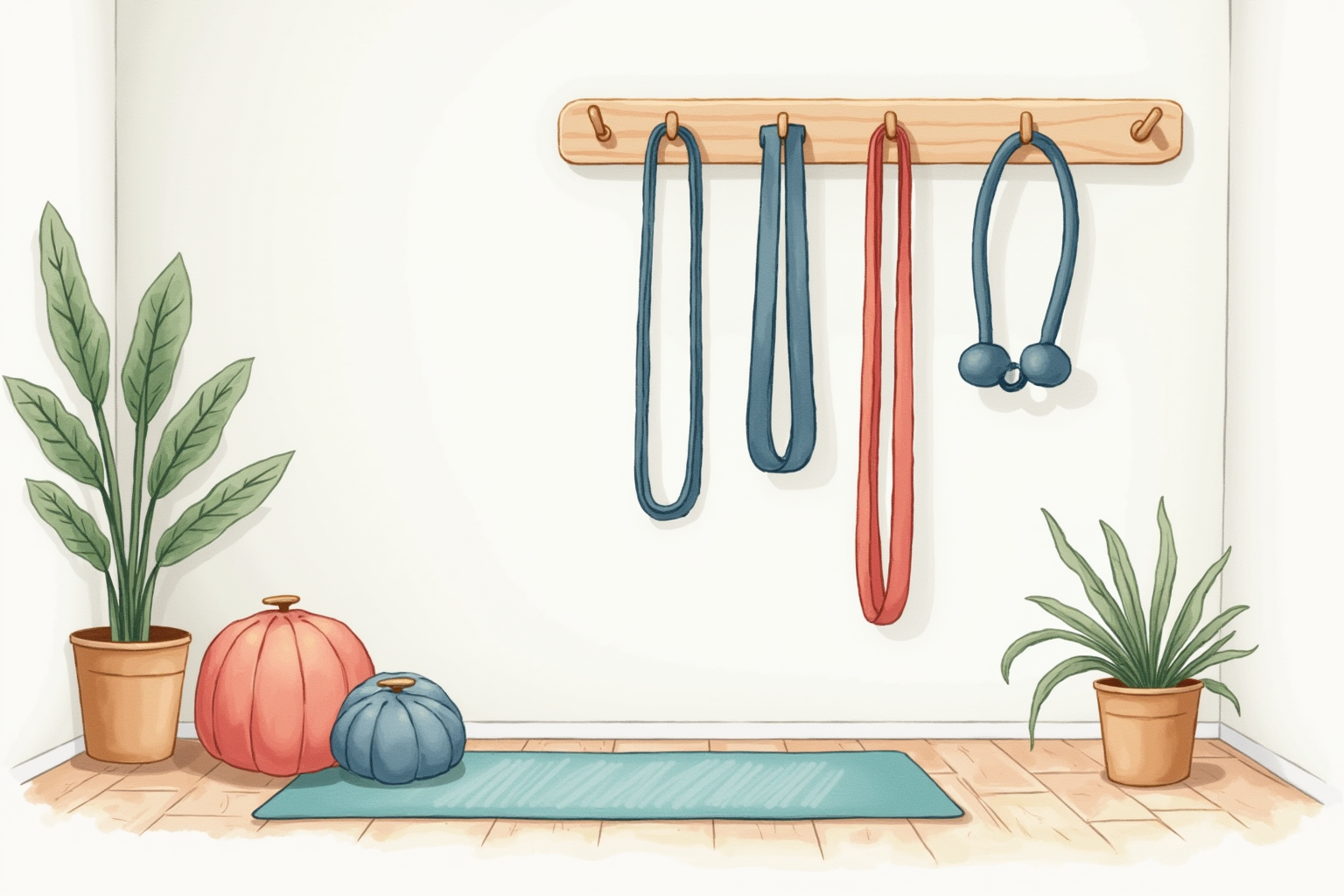 Peaceful home workout area with bands hanging on a wall hook