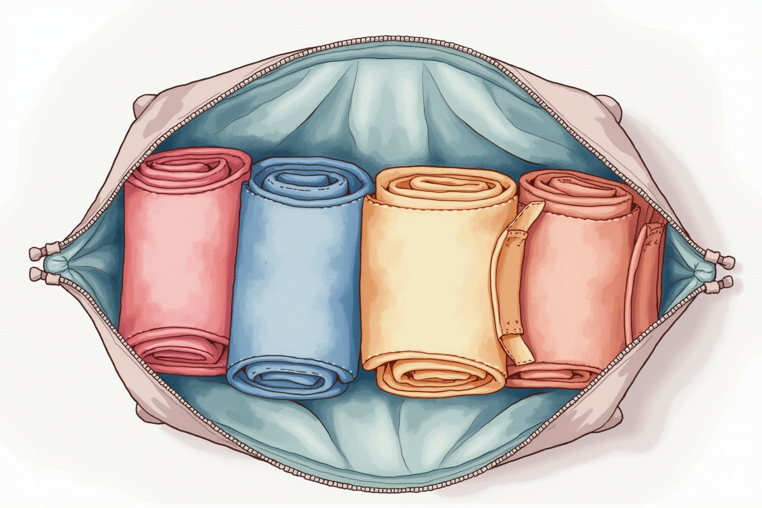 Fabric resistance bands rolled up neatly in a travel bag