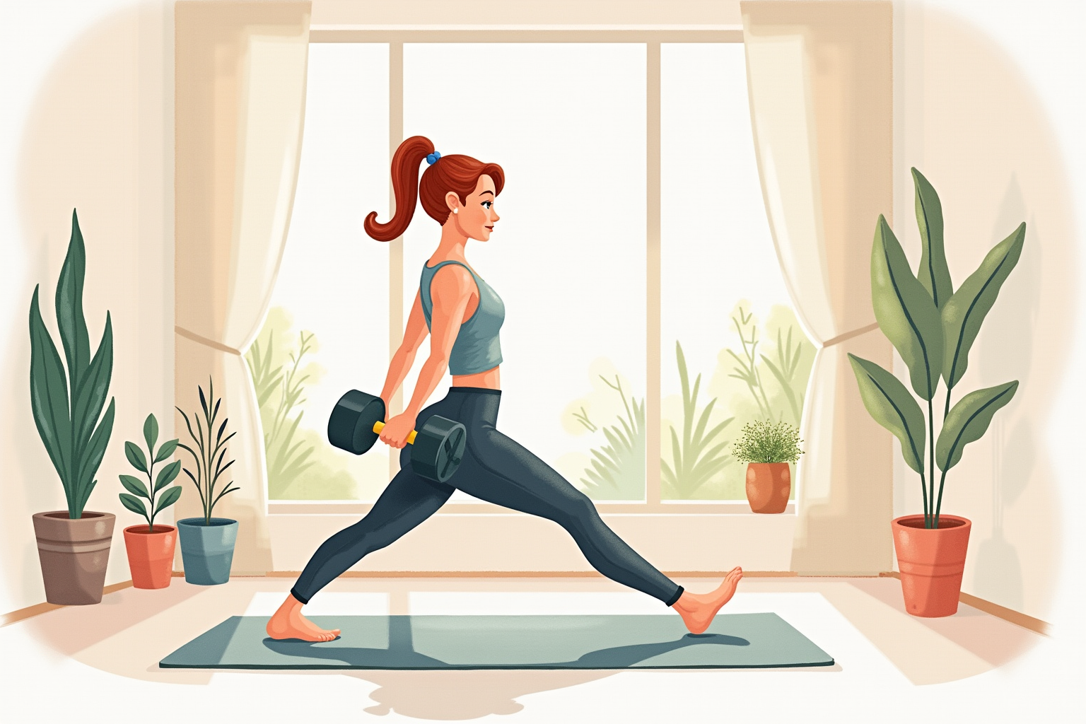 Person doing dumbbell curls in peaceful home gym