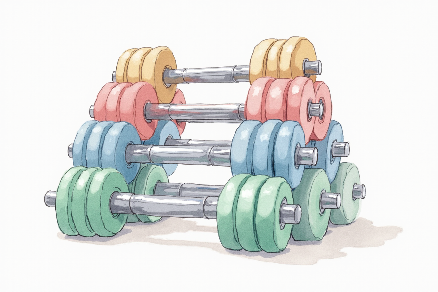 Adjustable dumbbells stacked compactly on a rack