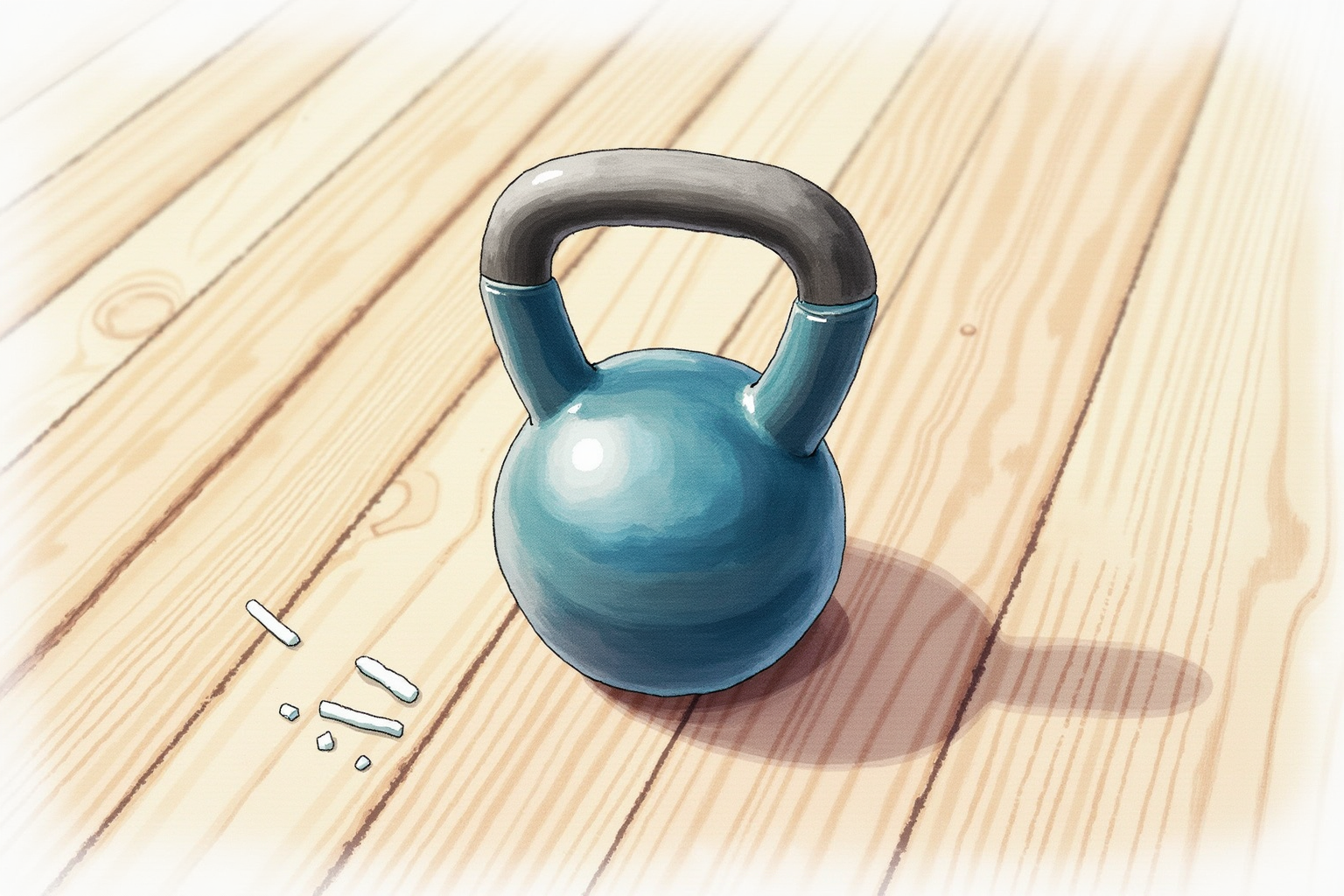 Single competition-style kettlebell with chalk on wooden floor