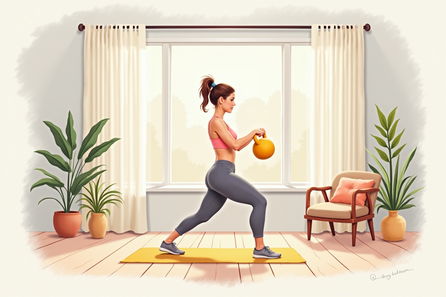 Person doing two-handed kettlebell swing in home gym