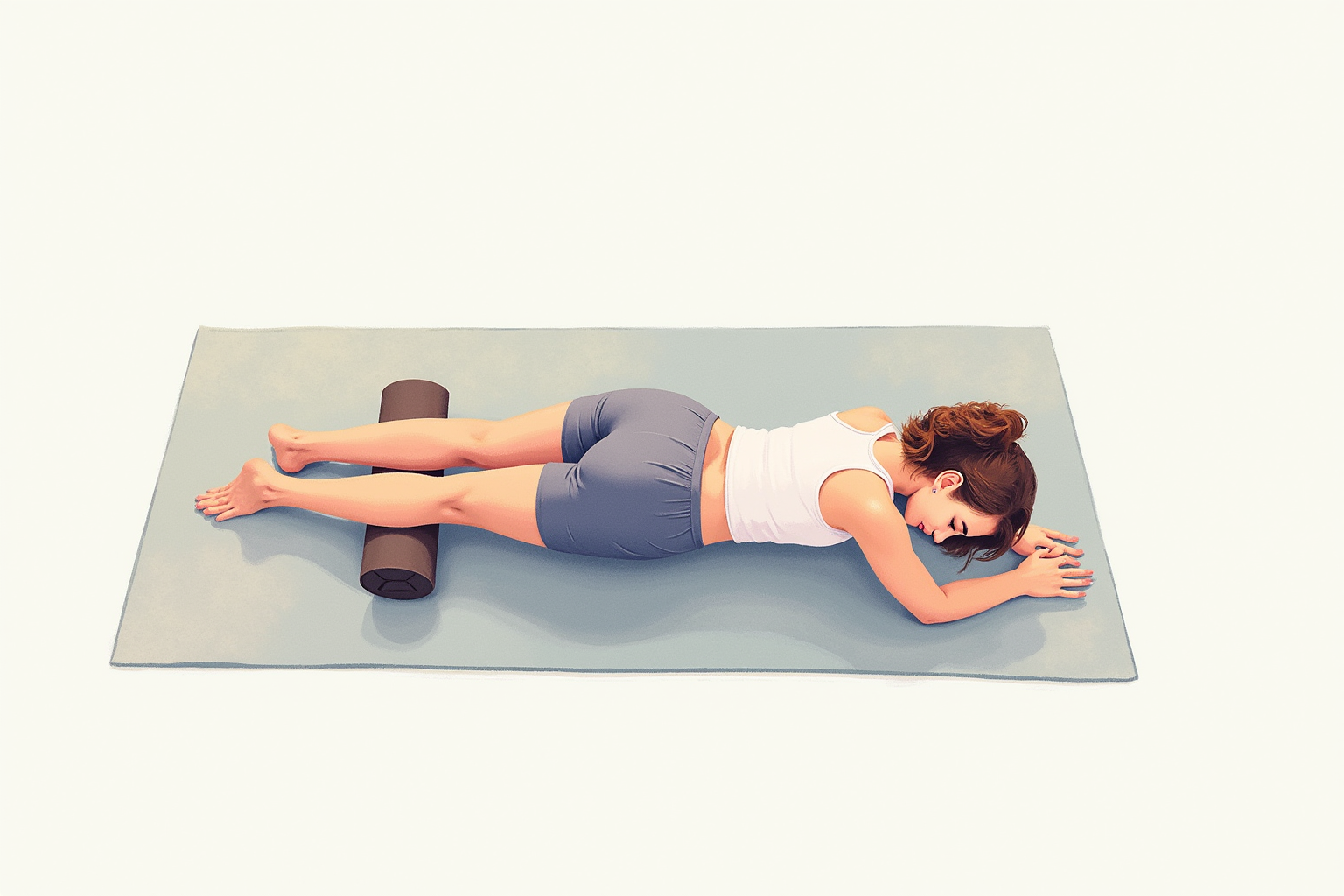 Athlete using foam roller on back on yoga mat