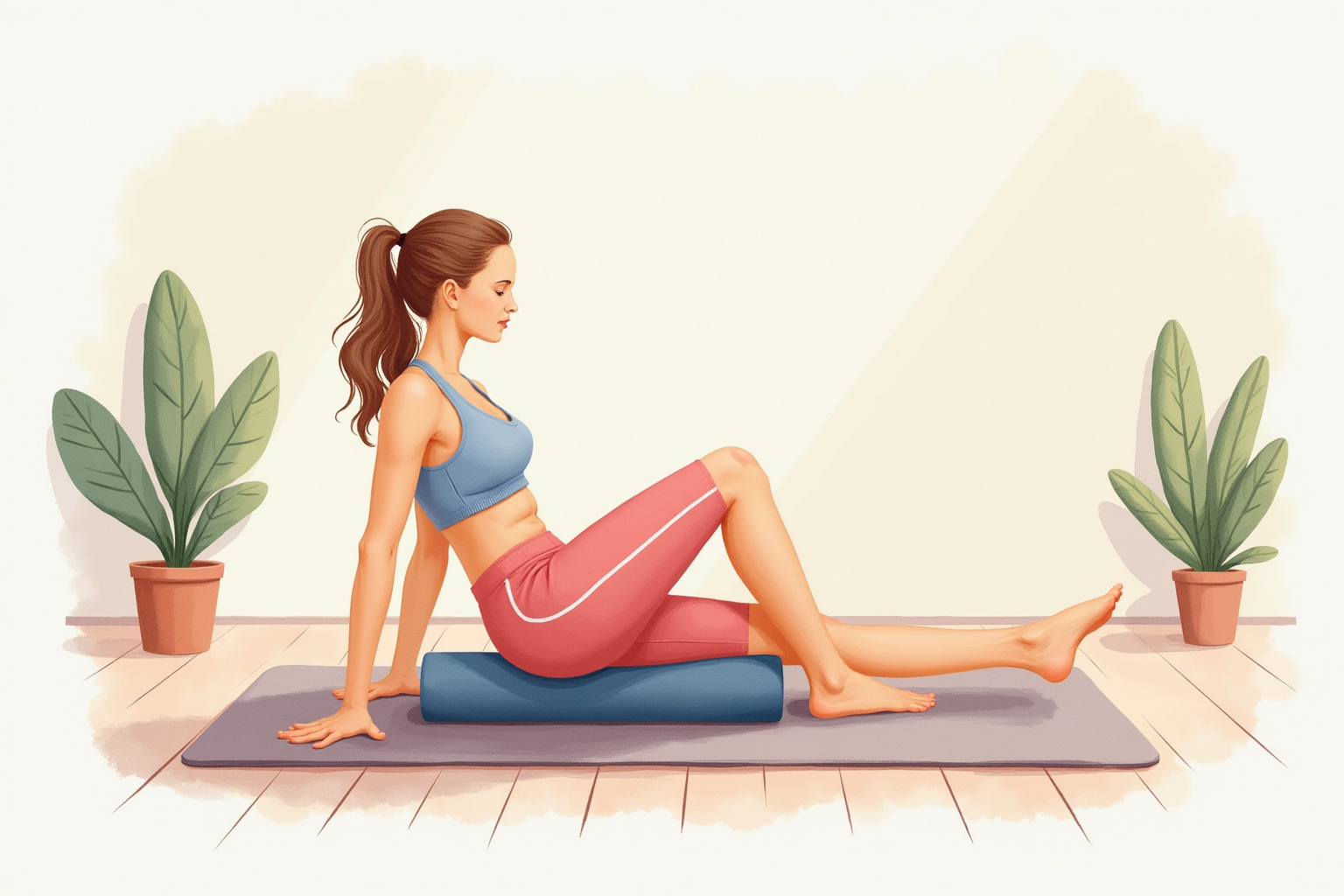 Person rolling calves on foam roller in peaceful home gym