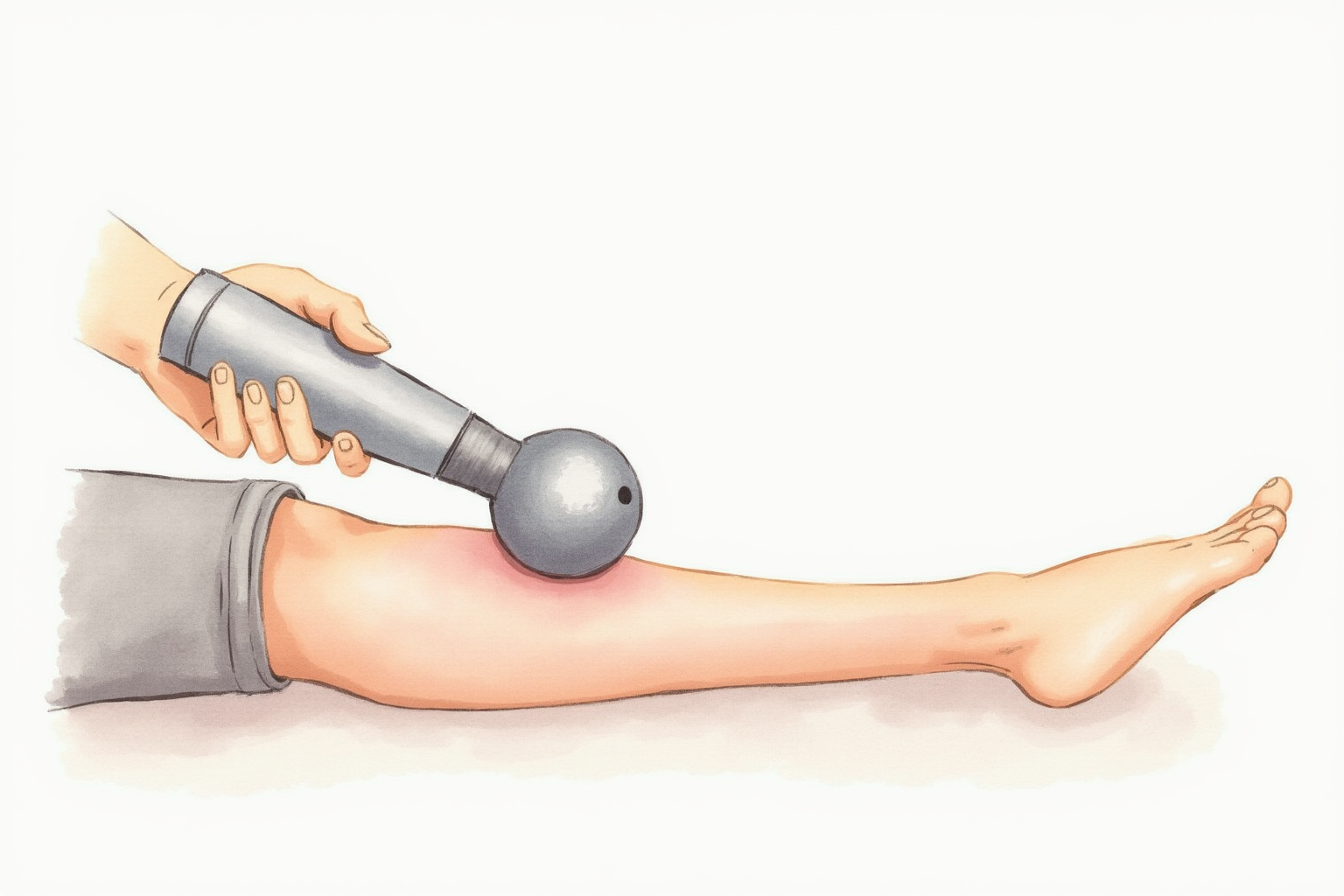 Hand holding percussion massage gun applied to leg muscle
