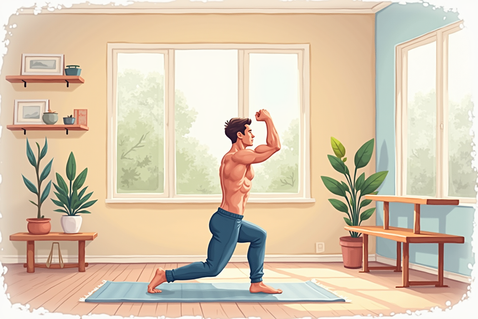Person flexing muscles after workout in peaceful home gym