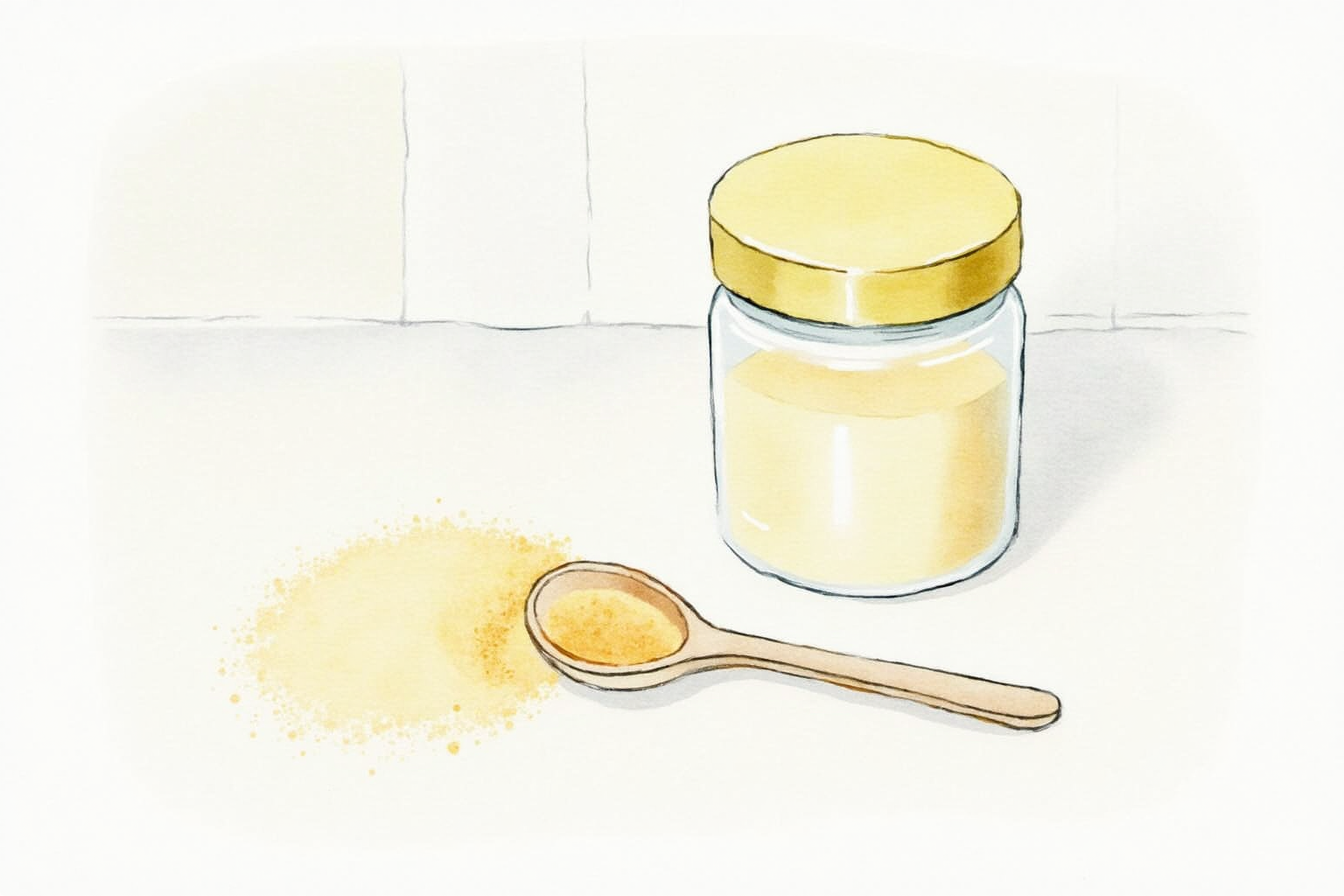 Small scoop of creatine powder beside sealed container