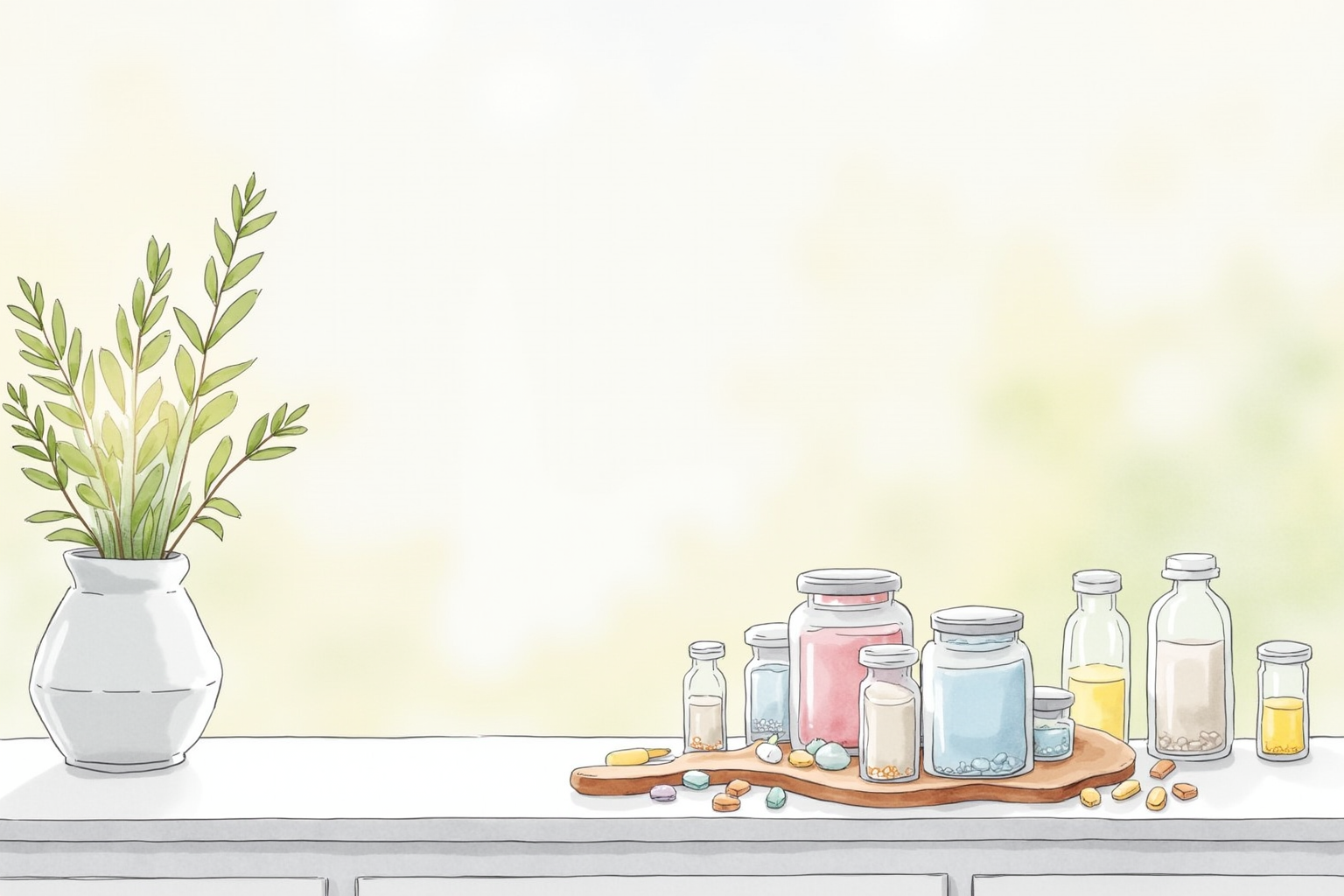 Supplements arranged neatly on a clean countertop
