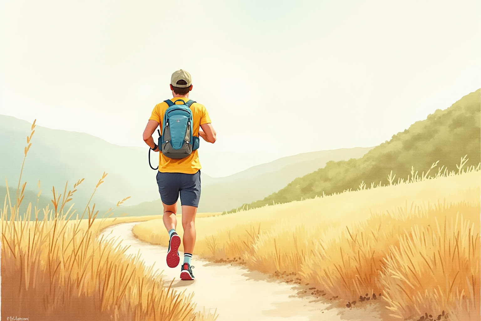 Runner on sunny trail with hydration pack