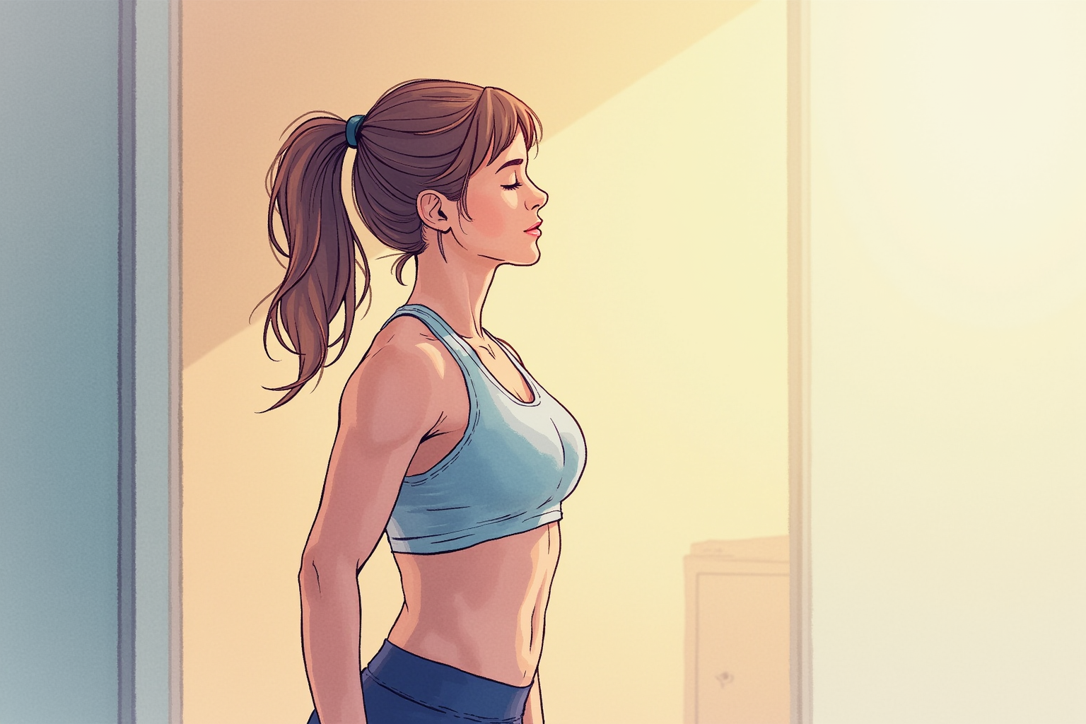 Athlete with eyes closed before workout in home gym