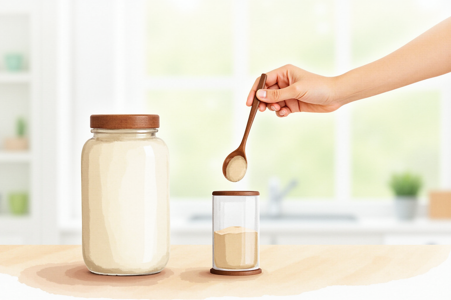 Hand scooping protein powder with measuring spoon