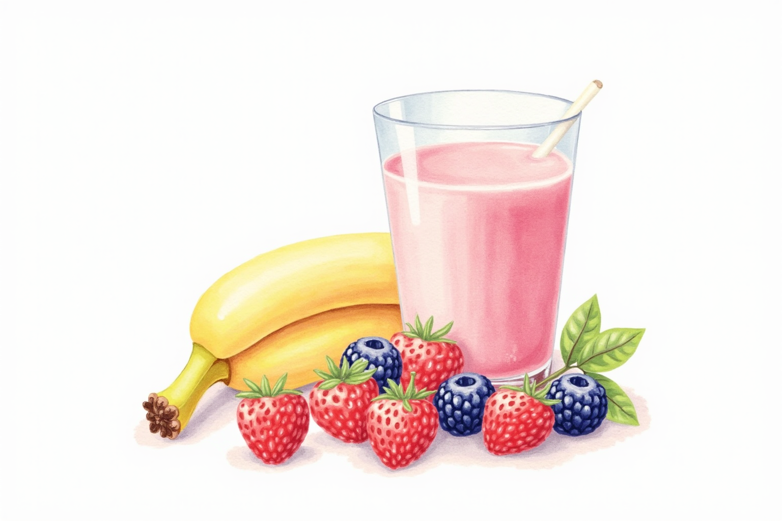 Protein smoothie in glass beside fresh berries and banana