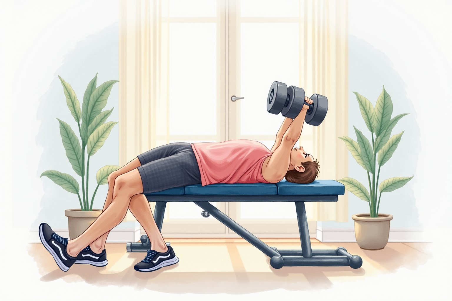Athlete bench pressing dumbbells on an adjustable weight bench