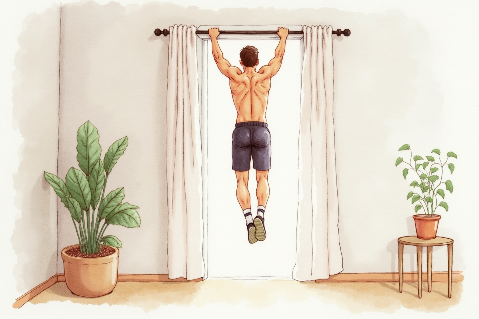 Athlete hanging from a doorway pull-up bar mid-rep