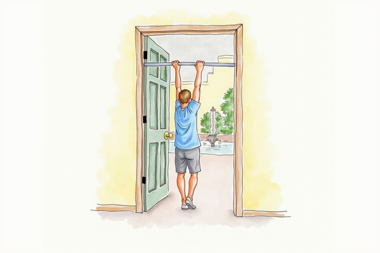 Person installing doorway pull-up bar level against a door frame