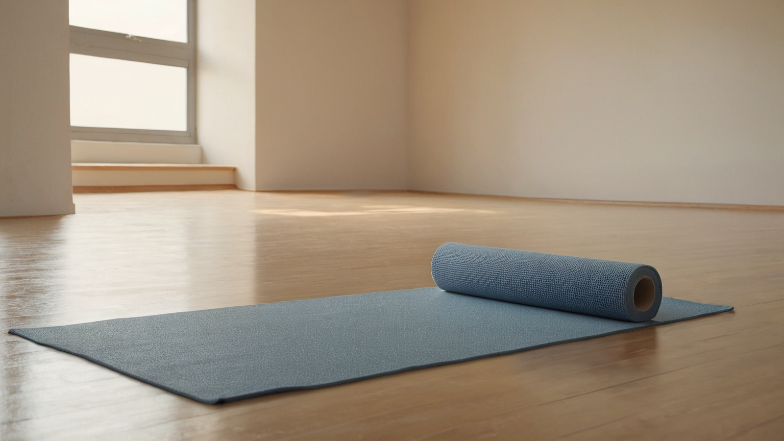 A plain exercise mat and foam roller in an empty daylight studio