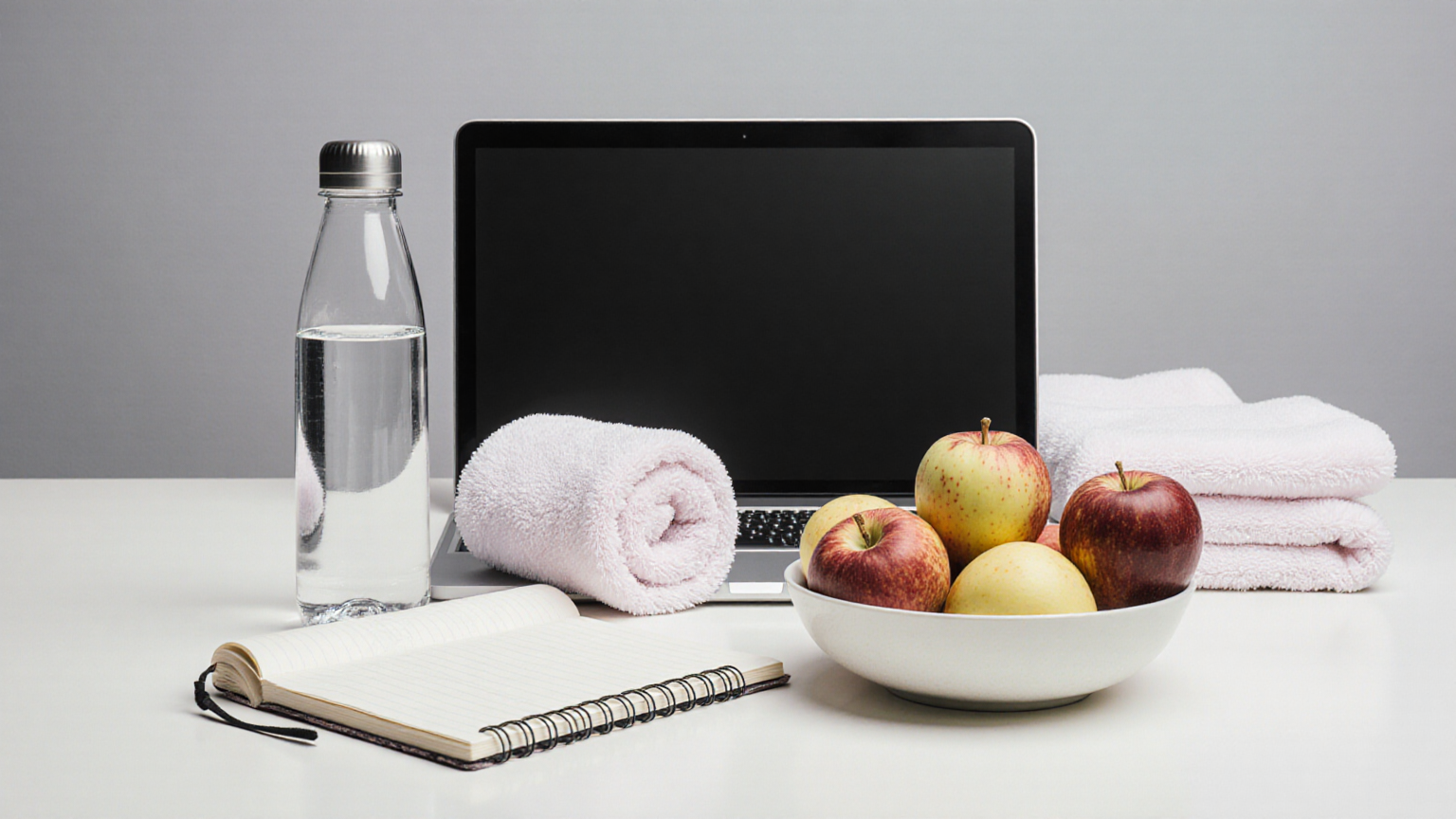Post-walk recovery still life with water, towel, and fruit