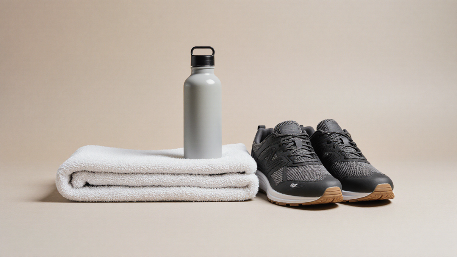 Plain walking shoes and an unbranded water bottle beside a folded garment