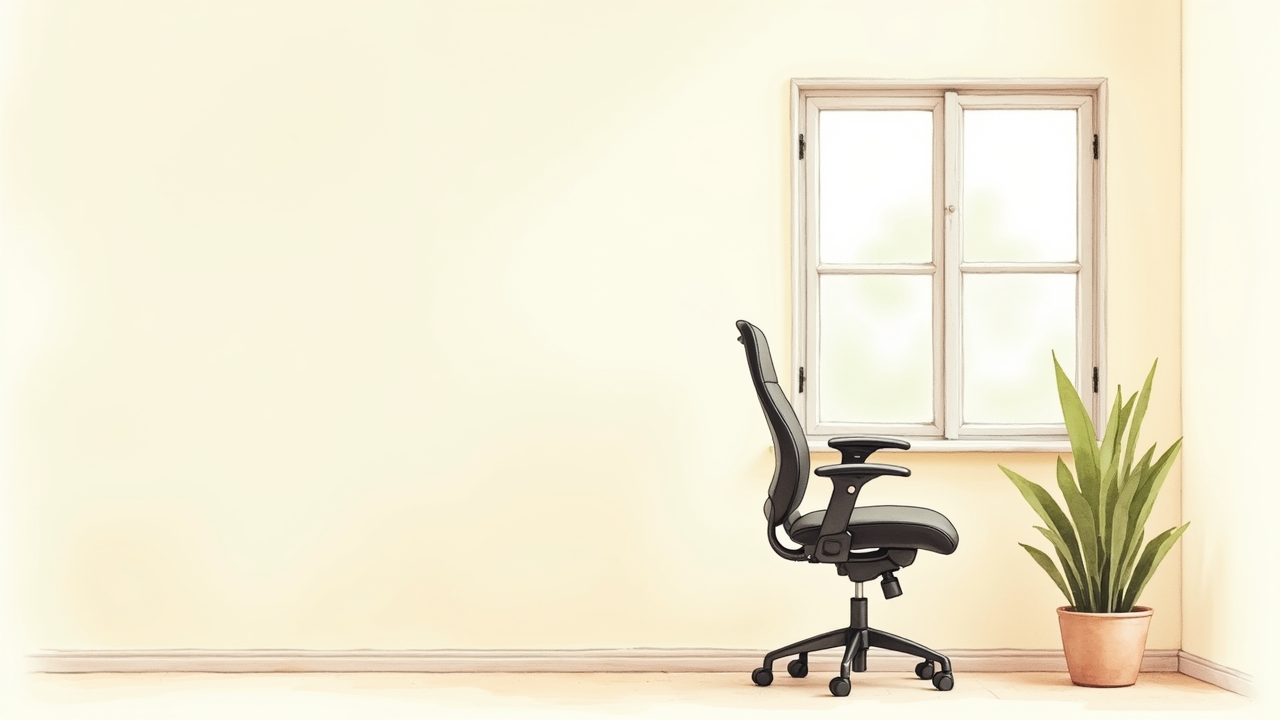 Watercolor illustration of ergonomic office chair beside window with small plant