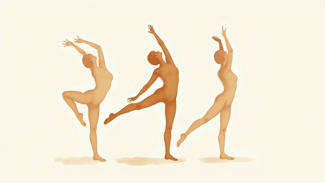 Watercolor illustration of stretching exercise icons abstracted into elegant figure outlines
