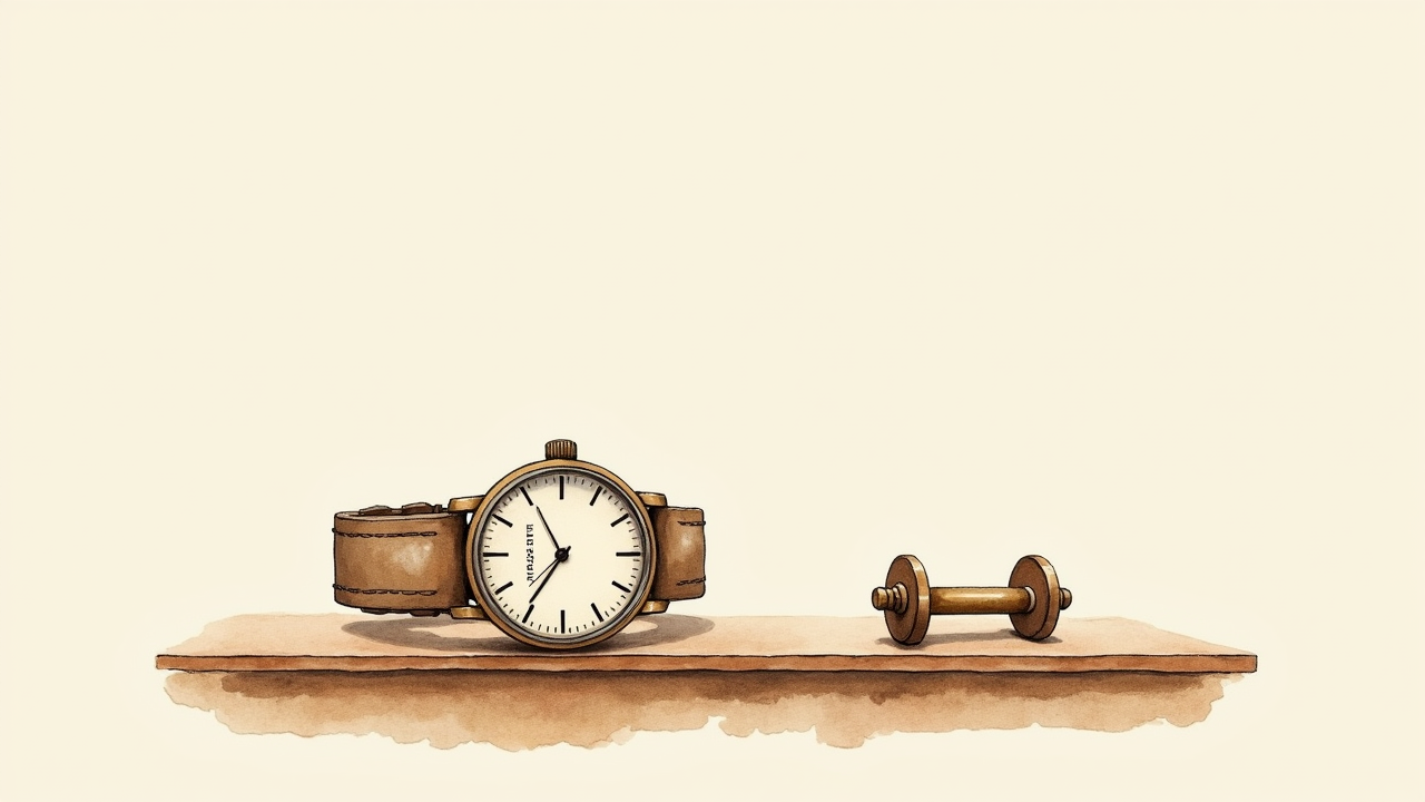 Watercolor illustration of vintage wristwatch and small dumbbell on wooden desk