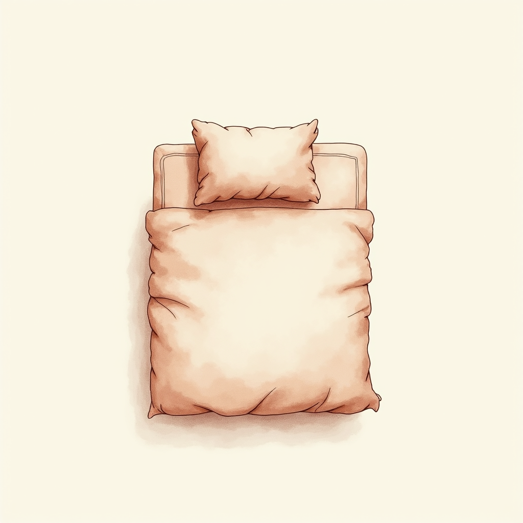 Watercolor illustration of an abstract small bed shape with soft pillow on cream paper, top-down still life, no text, soft earth tones