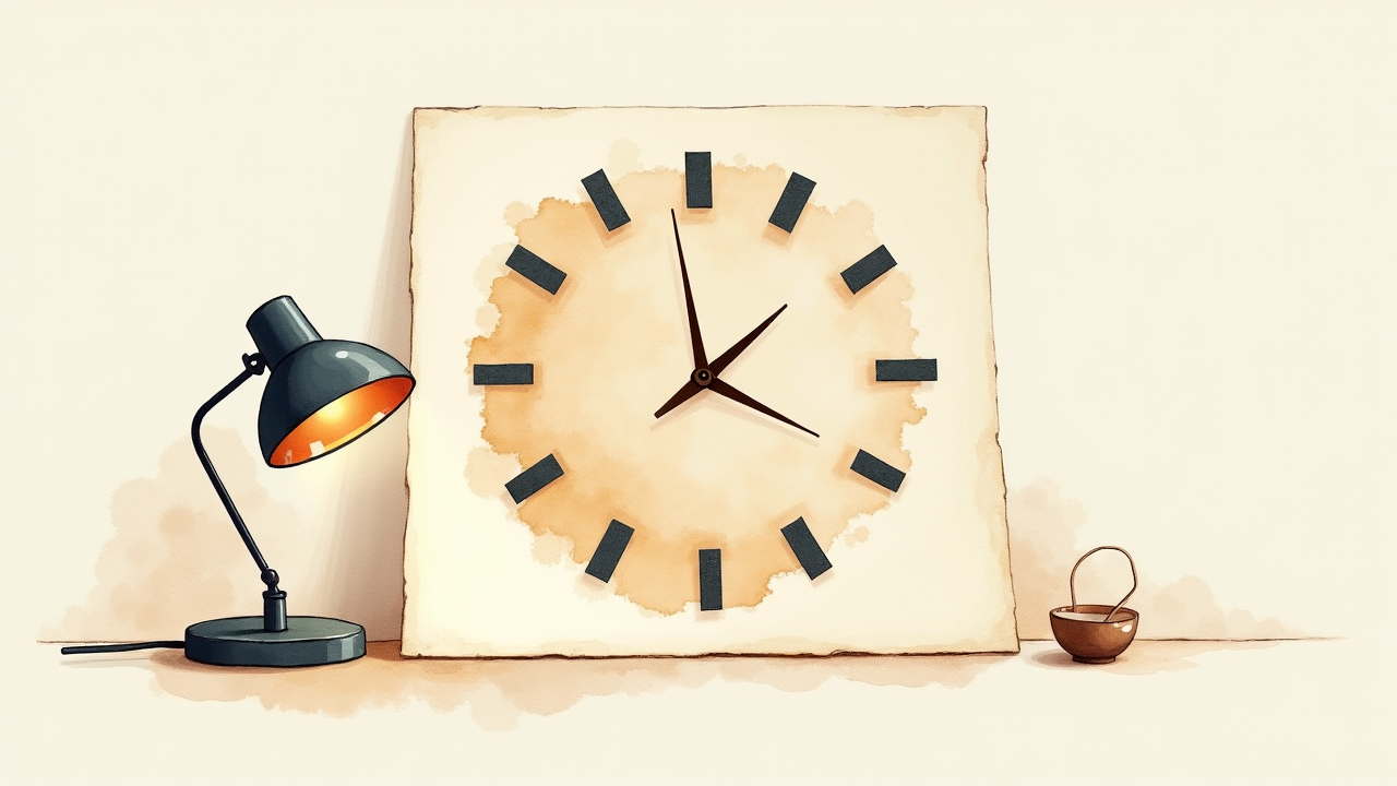 Watercolor illustration of an abstract clock face shape on cream paper beside a small bedside lamp, top-down still life, no text, soft earth tones