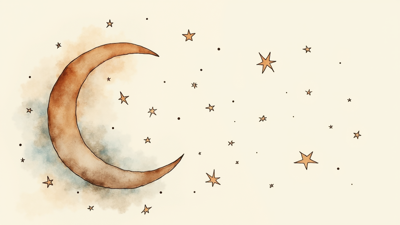 Watercolor illustration of an abstract moon and stars on cream paper, top-down still life, no text, soft earth tones