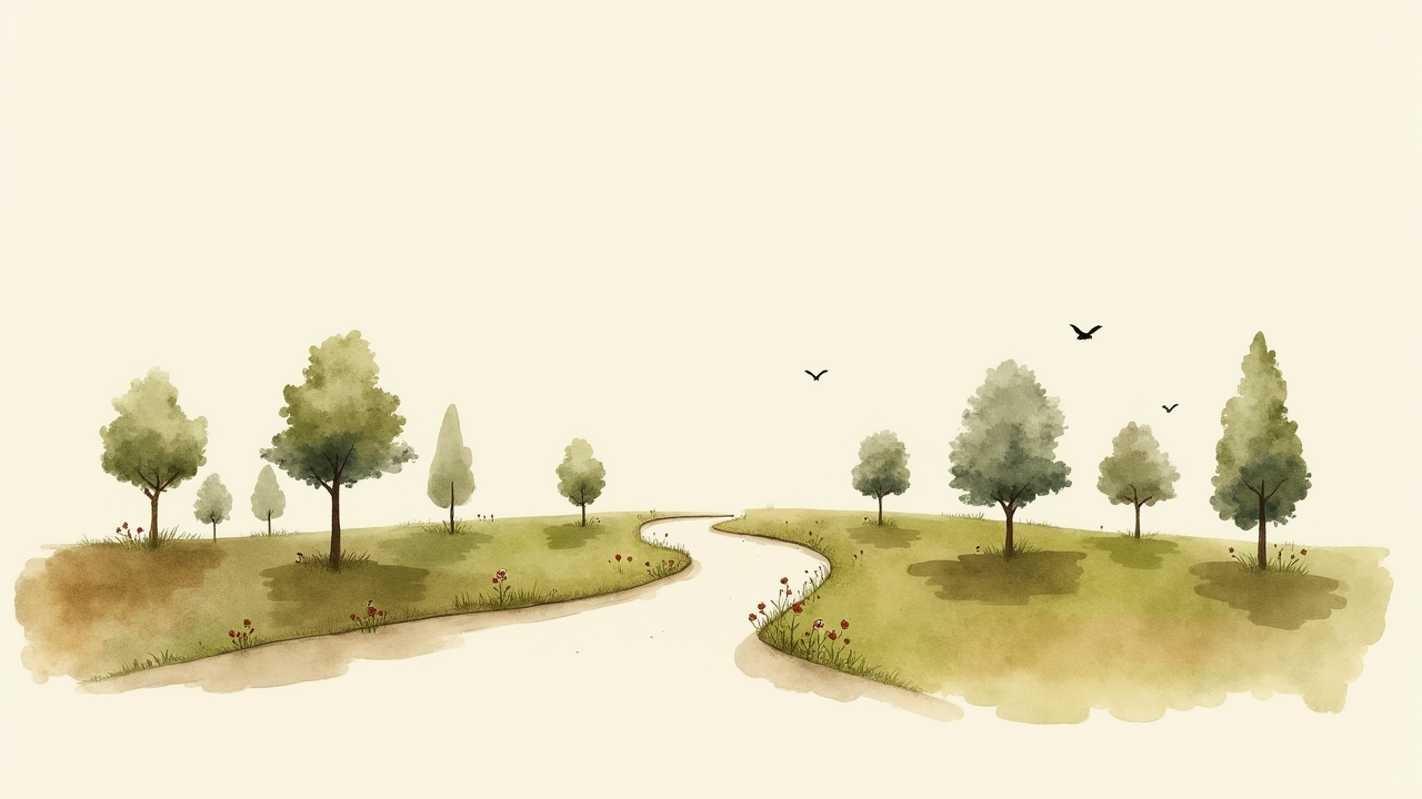 Watercolor illustration of an abstract park scene with a path and small tree shapes on cream paper, top-down still life, no text, soft earth tones