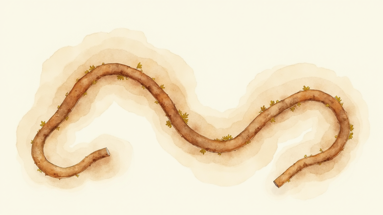 Watercolor illustration of an abstract winding walking path on cream paper, top-down editorial view, soft earth tones, no text