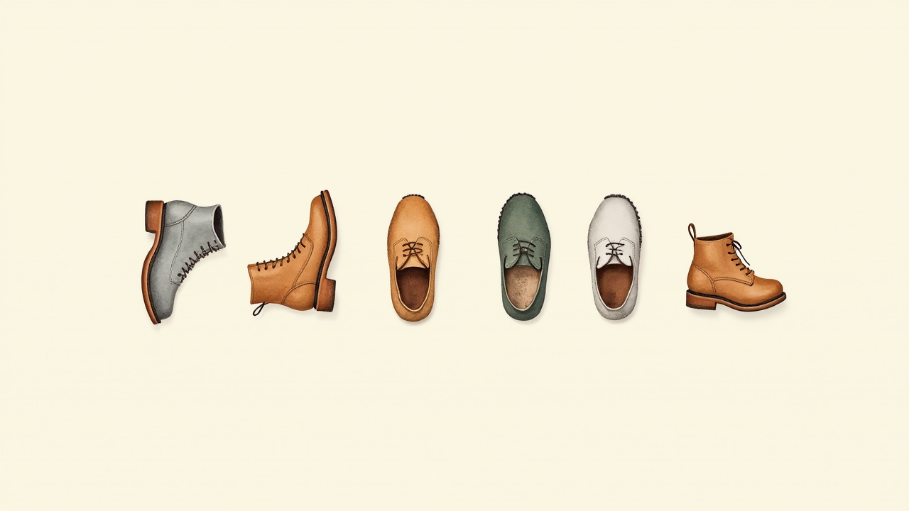 Watercolor illustration of small abstract walking shoe shapes on cream paper, top-down still life, no text, soft earth tones