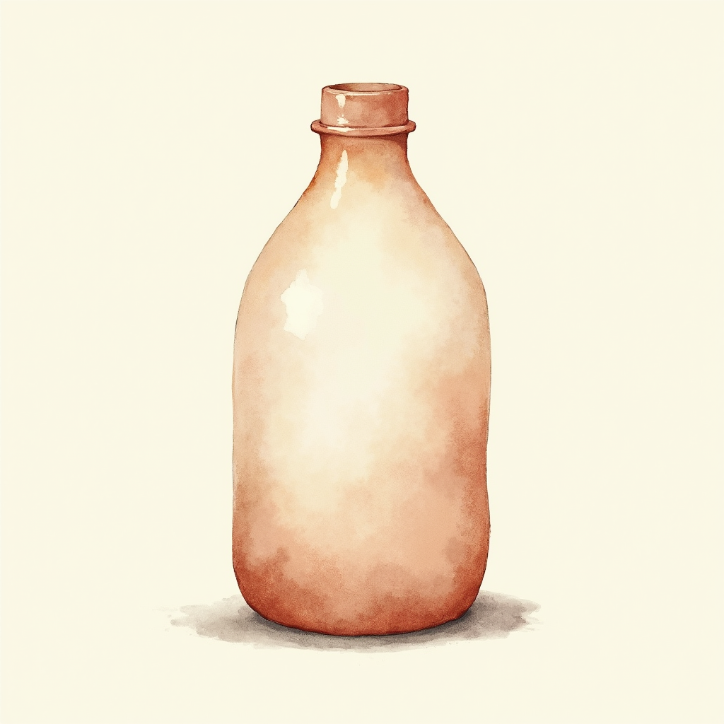 Watercolor illustration of a small abstract water bottle shape on cream paper, top-down still life, no text, soft earth tones