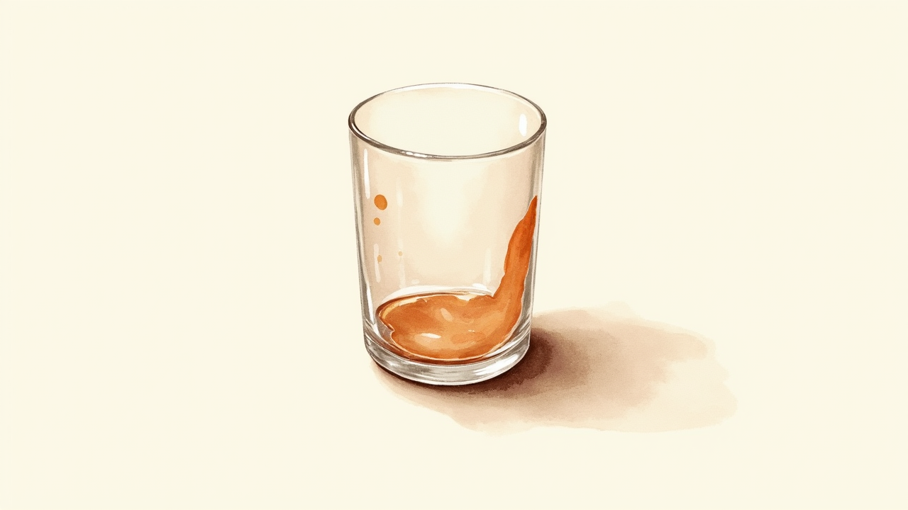 Watercolor illustration of a small abstract water glass shape on cream paper, top-down still life, no text, soft earth tones