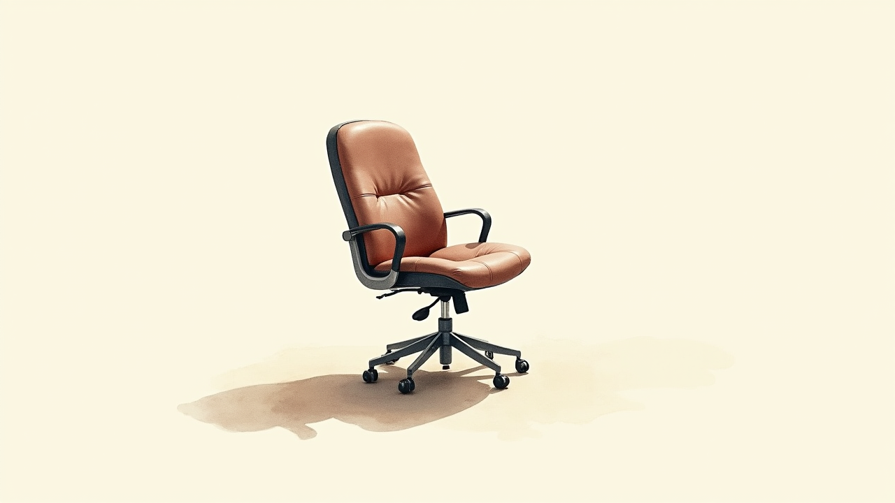 Watercolor illustration of an abstract office chair shape on cream paper, top-down still life, no text, soft earth tones