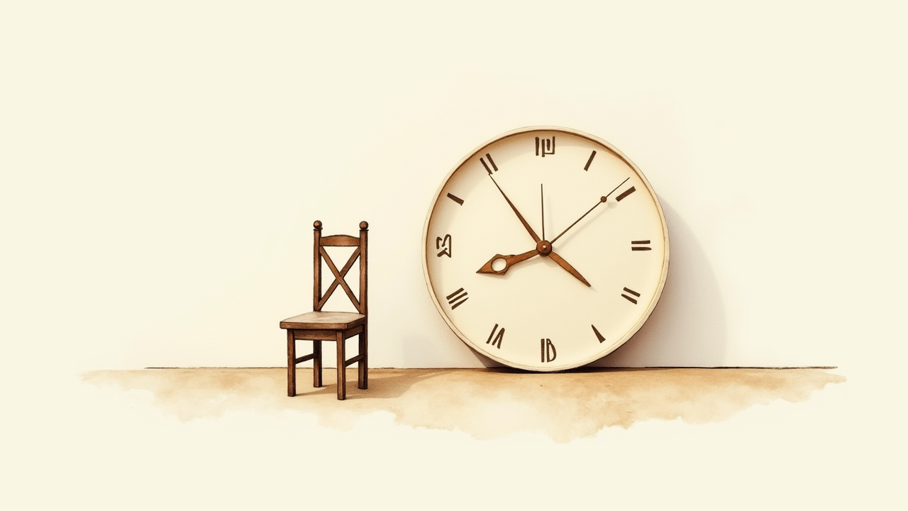 Watercolor illustration of an abstract clock face on cream paper beside a small chair shape, top-down still life, no text, soft earth tones