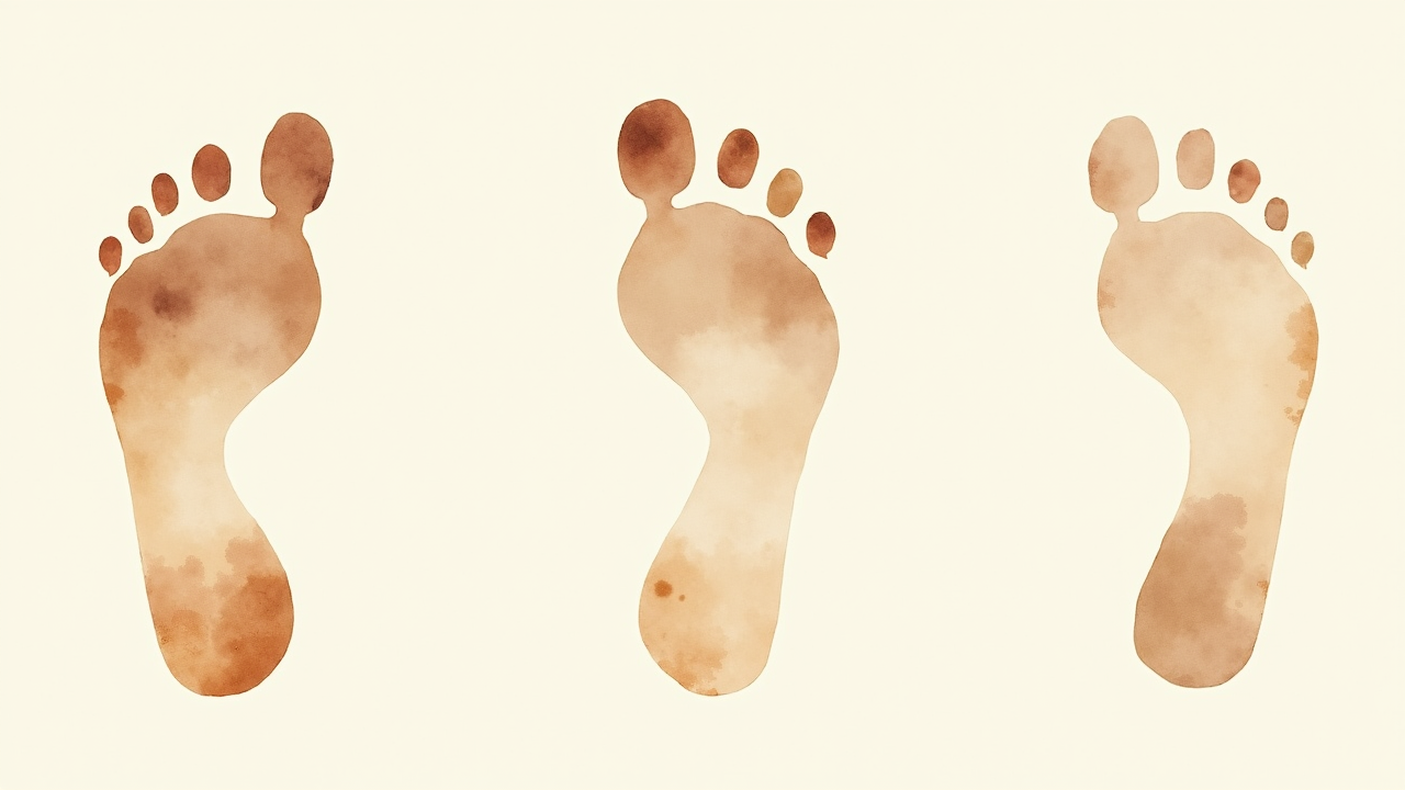 Watercolor illustration of abstract walking footprints on cream paper, top-down still life, no text, soft earth tones